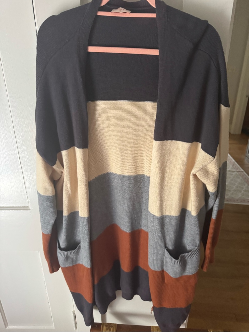 Open-Front Striped Cardigan in Navy, Cream, Gray & Brown